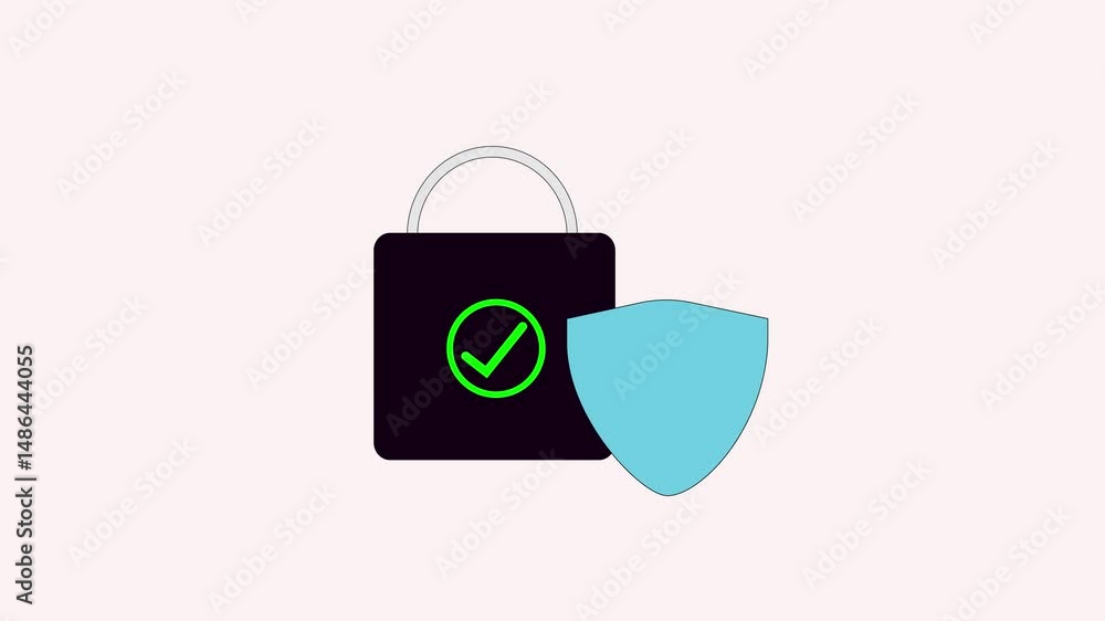 Poster minimalist illustration of a security padlock and shield with a check mark, symbolizing data protect