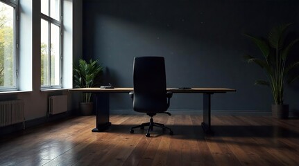 Fototapeta premium Sleek desk, ergonomic chair, minimalist decor, green plants, bathed in natural light, plants, workstation