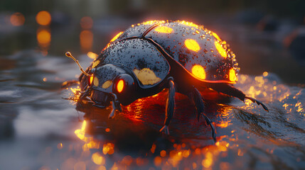 A close-up of a ladybug resting on a dew-covered leaf in the golden light of morning