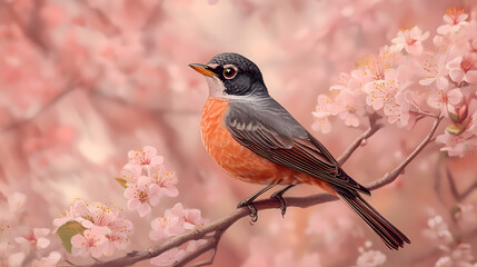 A close-up of a robin perched on a branch, with delicate pink blossoms and fresh green leaves in the background