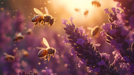 A close-up of bees buzzing around a cluster of lavender flowers in a sunlit garden