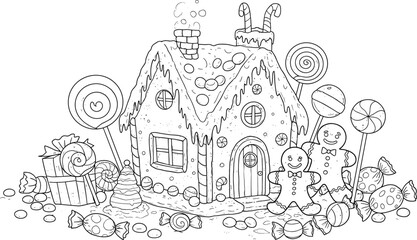christmas a4 size colouring page. gingerbread house