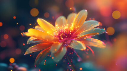 A vibrant close-up of a yellow flower with glowing petals and a blurred, colorful background. [Whispering Machines] | Soft Protocol | fading routine. Illustration