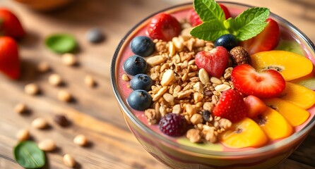 Fototapeta premium Colorful Smoothie Bowl with Fresh Berries Granola and Mint on Wooden Table