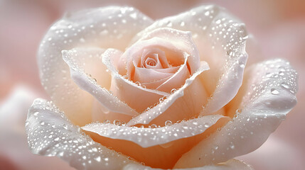 A close-up of droplets on a rose petal, glistening in the soft golden light of dawn