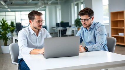 Obraz premium Two Business Professionals Collaborating on a Laptop in Modern Office Setting