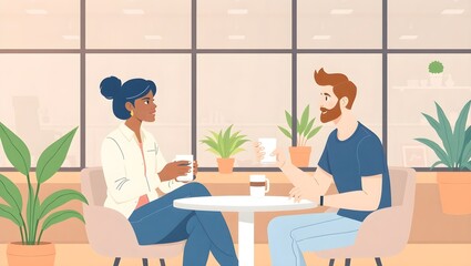 Two Colleagues Enjoying Coffee in a Modern Cafe