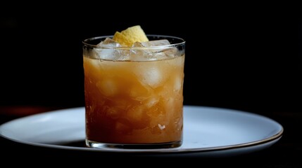 Iced amber cocktail with lemon twist dark background