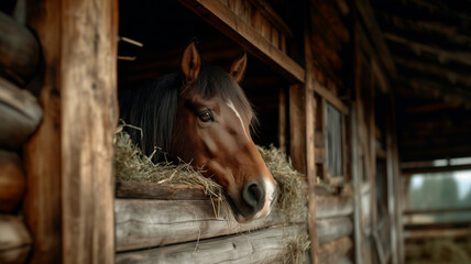 Fototapeta premium Horse enjoys a peaceful moment munching on hay in a rustic stable