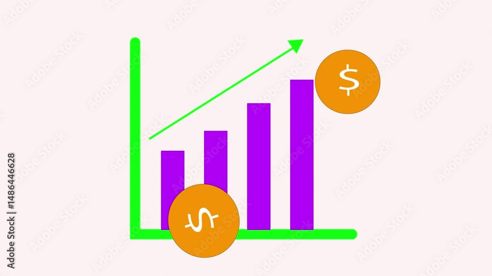 Poster animated graph with rising arrow and dollar coin. motion graphics for visualizing business growth, f