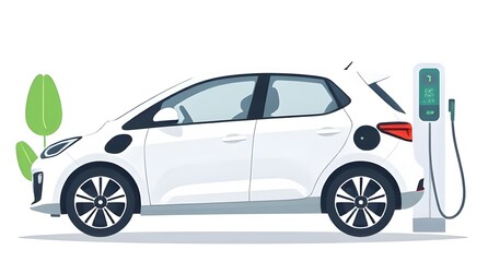 Naklejka premium White Electric Car Charging at Station with Green Sprout
