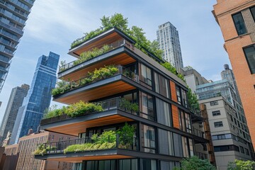 Fototapeta premium the facade and balconies on modern apartment buildings in New York City, with greenery growing from their balconies while other tall office buildings are visible behind them Generative AI