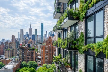 the exterior of an urban building in New York City with balconies that have greenery growing on them, showcasing sustainable design and living Generative AI