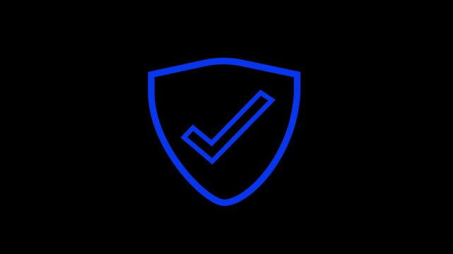Blue neon check mark shield. Video animation showcasing security, protection, and privacy with a glowing tick mark symbolizing approval.