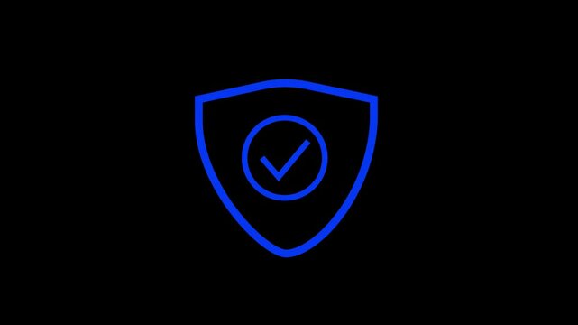 Glowing neon shield check mark animation. Motion graphic animation representing security, privacy, and protection with a dynamic tick mark approval.