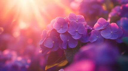 A close-up of hydrangeas in full bloom, with their vibrant colors glowing under the midday sun
