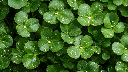 A close-up of water droplets glistening on fresh green leaves after a light spring rain