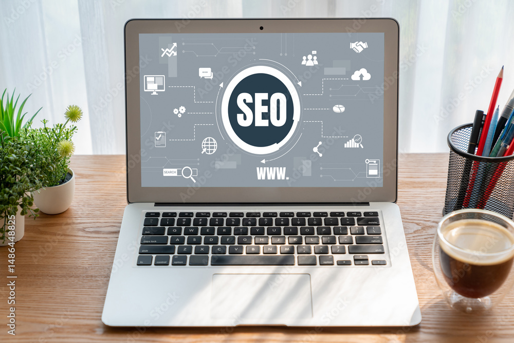 Aufkleber seo search engine optimization for modish e-commerce and online retail business showing on computer 