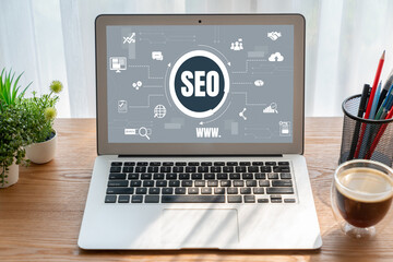 SEO search engine optimization for modish e-commerce and online retail business showing on computer...