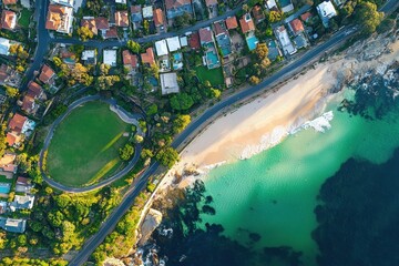 Beautiful aerial view of Bronte beach park and surrounding residences during daylight, Bronte Sydney Aerial view of beach, park and residential real estate area