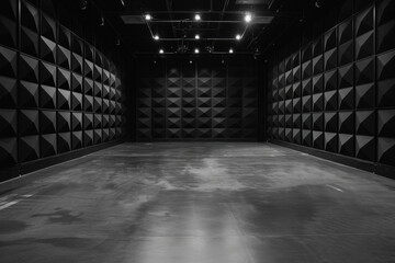 An empty interview studio. The walls are charcoal black with triangular acoustic panels evenly spaced. The floor is grey concrete.