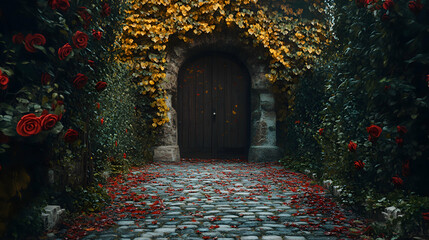 A cobblestone pathway leading to a rustic wooden door framed by climbing roses and ivy