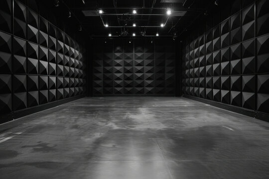 An empty interview studio. The walls are charcoal black with triangular acoustic panels evenly spaced. The floor is grey concrete.