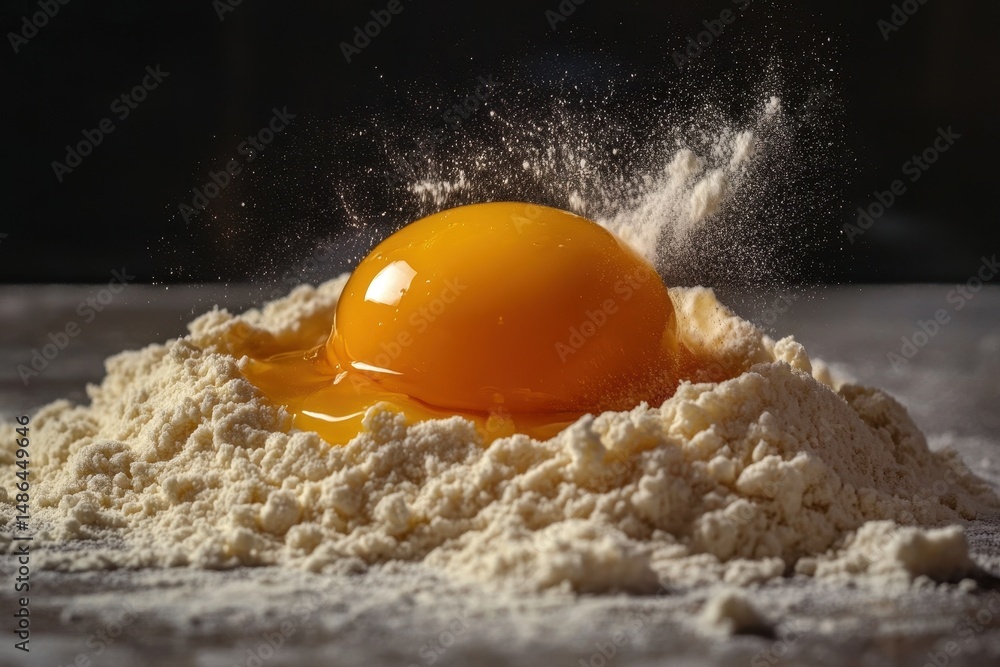Poster flour and egg mix in slow motion creating a cloud of dust in a kitchen setting, flour with egg in sl