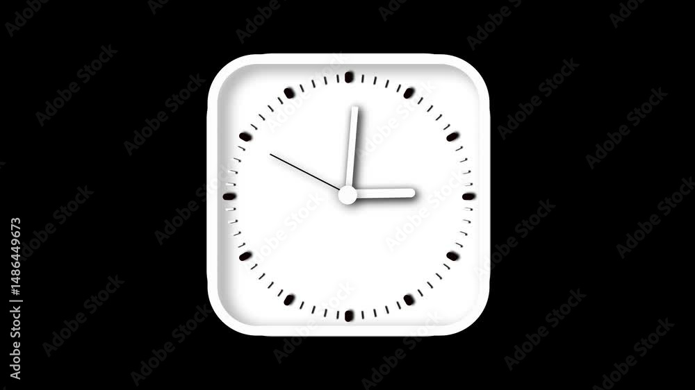 Poster white square clock in motion. minimalist timepiece animation with black hour markers and clean hour 