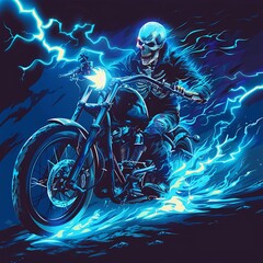 A skeleton rides a motorcycle amidst blue flames and lightning, creating a dynamic and energetic scene.