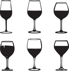 Wine Glasses Silhouette Set: Various Shapes, Red Wine, Vector Art