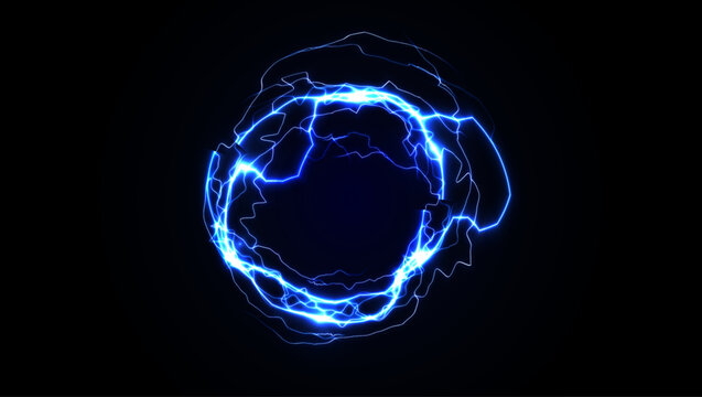 Electric Energy Circle with Glowing Blue Lightning Ring on Dark Background. Futuristic Tech Power Effect for Sci-Fi or Gaming Design. Vector Illustration.