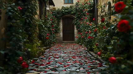 A cobblestone pathway leading to a rustic wooden door framed by climbing roses and ivy