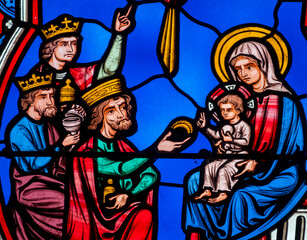 Stained glass (19th century) of Christmas Nativity Scene : Adoration of the Magi