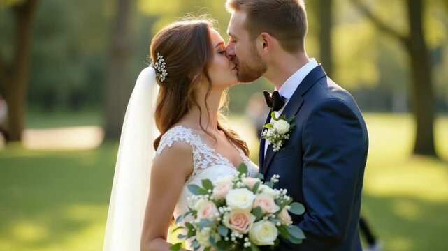Lovely newlyweds caucasian bride meeting groom with bouquet in park making kiss, wedding couple