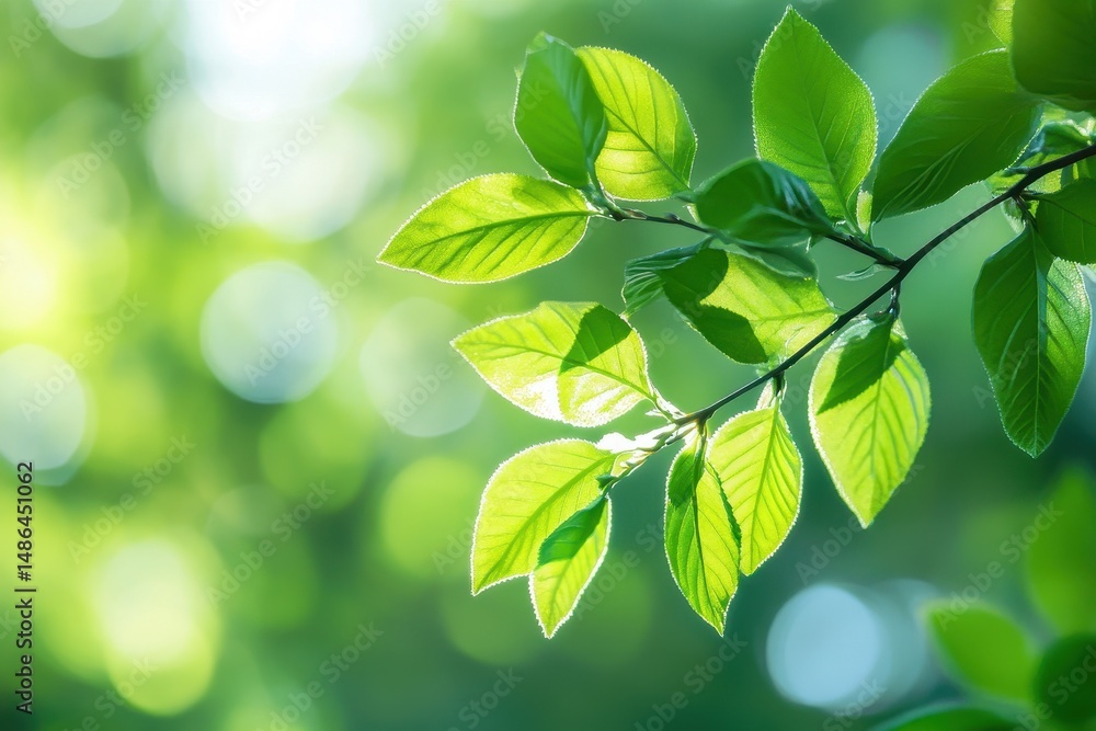 Poster fresh green leaves illuminated by soft sunlight create an enchanting bokeh effect in a serene natura