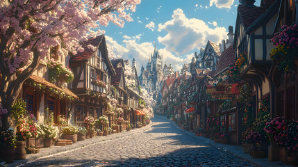 A cobblestone street in a quaint village, lined with pastel-painted buildings and flower boxes