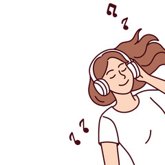 Smiling young woman with long hair relaxing while listening to music on large headphones, enjoying her favorite tunes with eyes closed and calm, happy expression