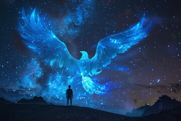 Fototapeta premium Silhouette of Person Gazing at a Celestial Blue Phoenix in a Desert Night Landscape Varient 3