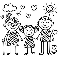 Simple hand-drawn sketch of a loving family holding hands—father, mother, and daughter—surrounded by hearts, flowers, sun, and clouds, in a sweet and emotional doodle style