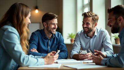 Three colleagues enjoy a collaborative meeting, smiling and using their smartphones around a table in a modern office setting