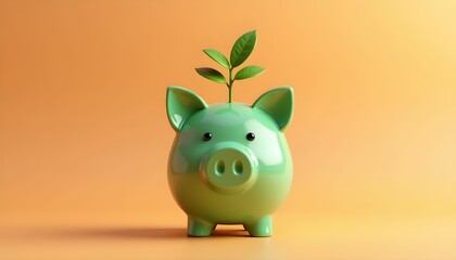 Obraz premium A green piggy bank with a small plant growing out of it