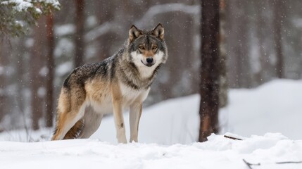 Naklejka premium A wolf standing in a defensive posture in the snow
