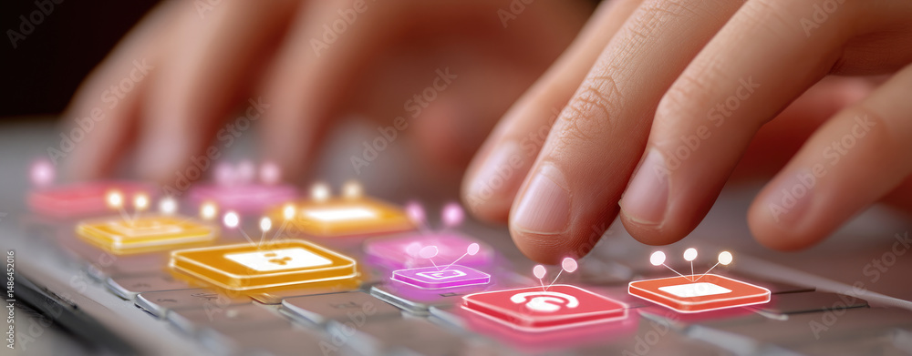 Poster hands typing on keyboard with glowing app icons overlaid, technology concept