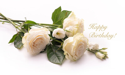 Three cream-colored roses and white buttercups lie on a white surface. Congratulations Happy...