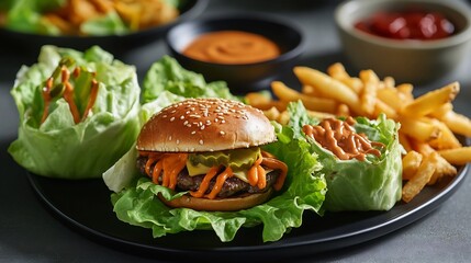 A vibrant gourmet burger platter featuring fresh lettuce wraps crispy fries and signature sauces overlay cut out on isolated transparent removed background