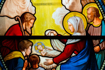 Stained glass (19th century) of Christmas Nativity Scene with Virgin Mary, Saint Joseph, and Jesus...