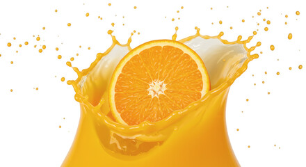 Fresh orange slice splashing into orange juice with dynamic liquid splash effect isolated on transparent background

