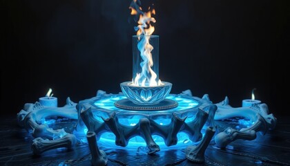 Mystical ice altar: blue flames, magic, candles, dark ritual