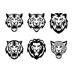 Set of six black-and-white vector emblems featuring stylized lion and tiger heads in various fierce and symmetrical expressions, ideal for logos or mascot designs.